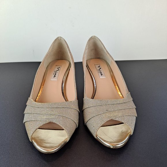 Nina New York Gold Metallic Wedge Shoe Peep Toe Size 8 - Picture 6 of 13